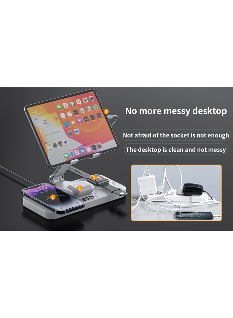 LBMT شاحن لاسلكي قابل للطي لمنتجات أبل، محطة شحن مع 7 ألوان للضوء وعرض الساعة، شحن سلكي لجهاز آيباد/محطة شحن للأجهزة اللوحية لجهاز آيفون 16/15/14، ساعة آي ووتش، آيربودز 4/3 (أبيض) - Image 3